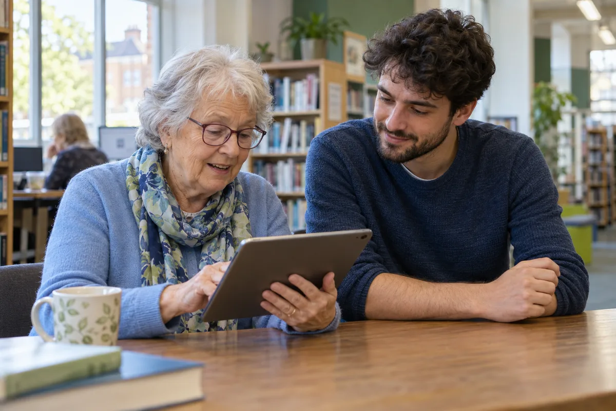 An older woman and a younger adult exploring a tablet together