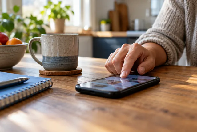 Illustrative photograph of a hand using a smartphone at home