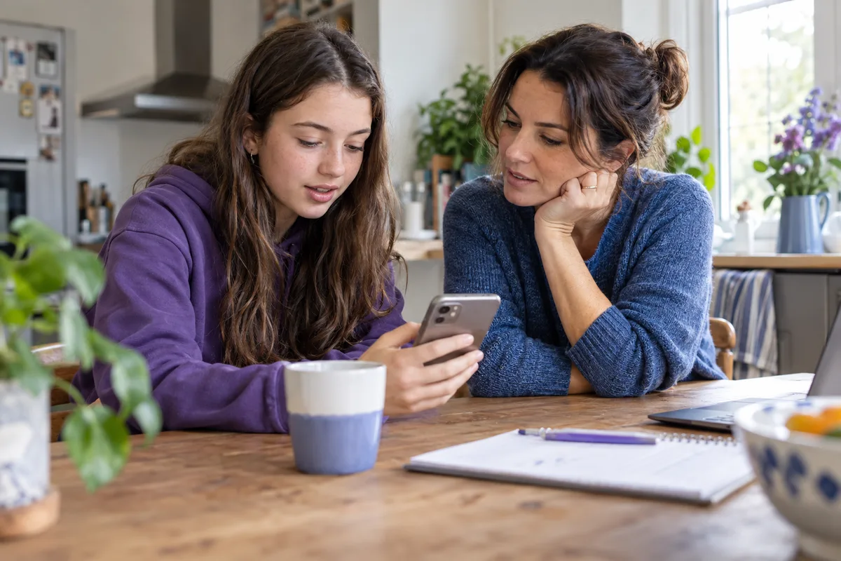 A parent and teenager discussing a smartphone together at home